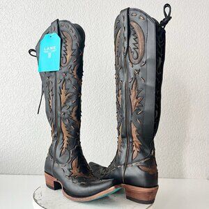 Lane Reverie Knee High Womens Cowboy Boots 6 Black Brown Western Cowgirl Lace Up